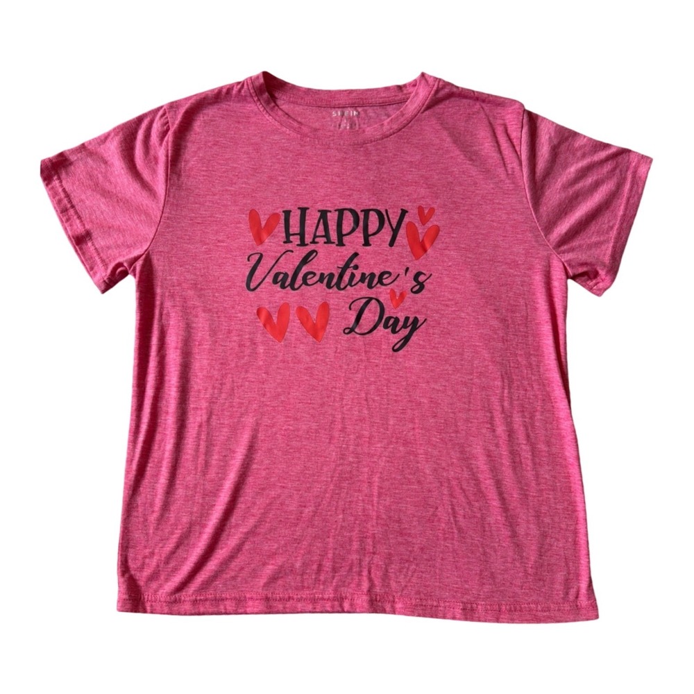 SHEIN Happy Valentines Day Pink Heathered Graphic T-Shirt Women Large Heart Top